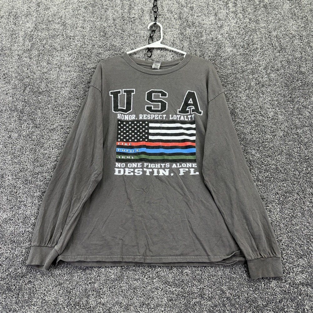 Gildan Shirt Mens XL Gray Long Sleeve USA Destin FL Graphic Tee Fire Police Army